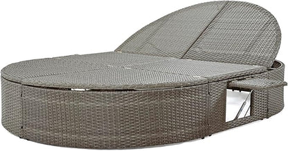 Rattan Patio 2-Person Daybed,Outdoor Sun Bed with Cushions and Pillows,Reclining Chaise Lounge with Adjustable Backrests and Foldable Cup Trays,For Lawn Poolside Deck Backyard (Gray@Cup Trays)