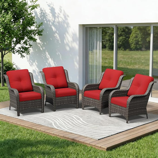 4 Piece Outdoor Wicker Patio Furniture Set, Patio Chairs Set of 4 with Thickened Olefin Cushions, High Back and Deep Seating, Hand-Woven PE Rattan for Porch, Deck, Red