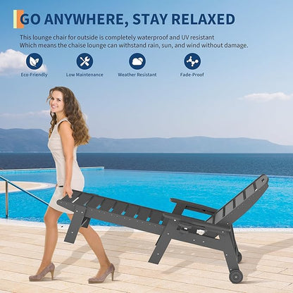 HDPE 5-Position Patio Lounge Chair for Outside, HDPE Chaise Lounge Outdoor with Cup Holder, Resin Pool Lounger Chair with Rolling Wheels