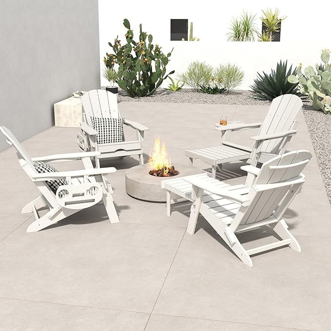 FOOWIN Adirondack Chair with Retractable Ottoman,HDPE Folding Adjustable Adirondack Chair w/4 in 1 Cup Holder Trays,All-Weather Resistant Fire Pit Chair for Outdoor Patio Lawn Set of 6