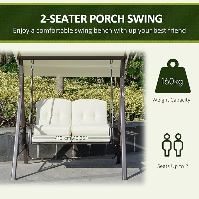 Outsunny 2-Person Patio Swing Bench with Adjustable Shade Canopy, Soft Cushions, Throw Pillows and Tray, Beige. - Photo 4