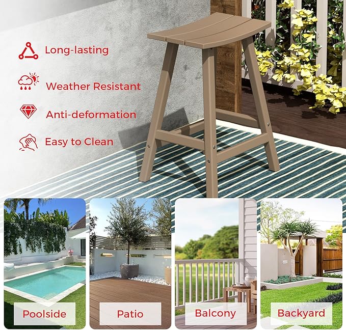 Costaelm All-Weather Bar Stools Set of 3, 24" Height Outdoor Bar Stools, Adirondack Poly Patio Bar Stool for Patio, Deck, Kitchen Counter and Garden, Weathered Wood