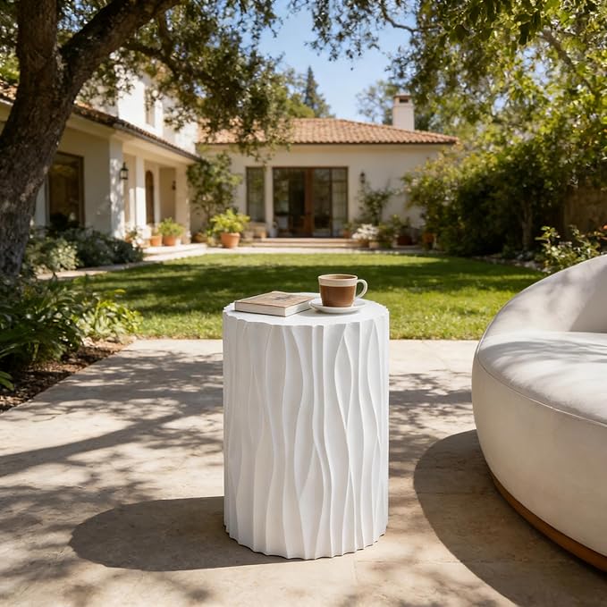 Christopher Knight Home Polaris Modern Outdoor Fluted Side Table, Round MGO Patio End Table, Lightweight Concrete Coffee Table, Garden Stool, Accent Table for Garden Balcony Poolside, White