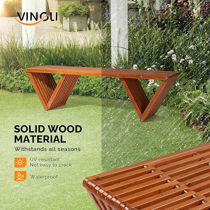 VINGLI Outdoor Wooden Bench, 63" All Weather Patio Bench Porch Bench - Photo 4