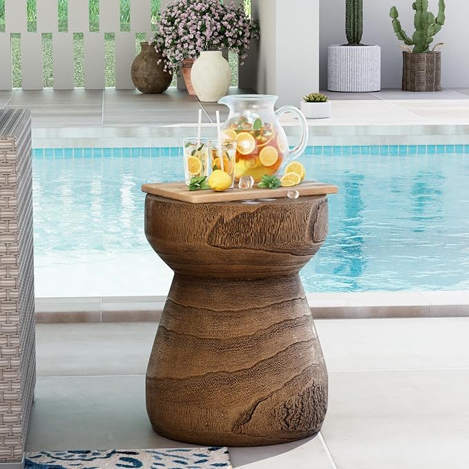 COSIEST Outdoor Side Table w Chessboard, 14''Concrete Faux Wooden Garden Stool - Photo 7