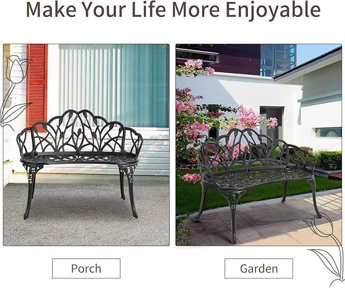 HOMEFUN Outdoor Bench, Patio Garden Benches Metal Loveseat Cast-Aluminum Outside Furniture for Park Lawn Front Porch - Photo 3