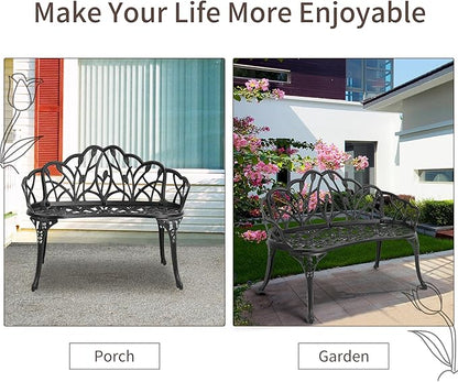 HOMEFUN Outdoor Bench, Patio Garden Benches Metal Loveseat Cast-Aluminum Outside Furniture for Park Lawn Front Porch Black
