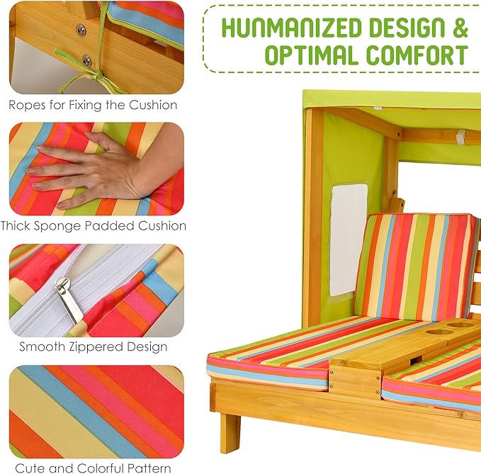 COSTWAY Kids Double Chaise Lounge Outdoor, 2-Seat Patio Lounge Chair with Cup Holders & Cushions, Kids Beach Chair with Canopy, Wood Patio Furniture for Children Boys Girls 3-8 Year Old