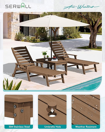 SERWALL Outdoor Coffee Table with 9FT Umbrella, HDPE Patio Coffee Table for Outside, Rectangle, Brown(Not Include Umbrella Base)