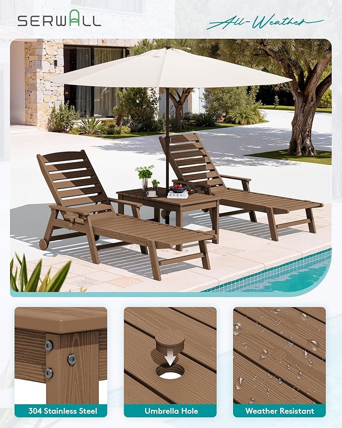 SERWALL Outdoor Coffee Table with 1.69" Umbrella Hole, HDPE Patio Coffee Table for Outside, Rectangle, Brown - Photo 4