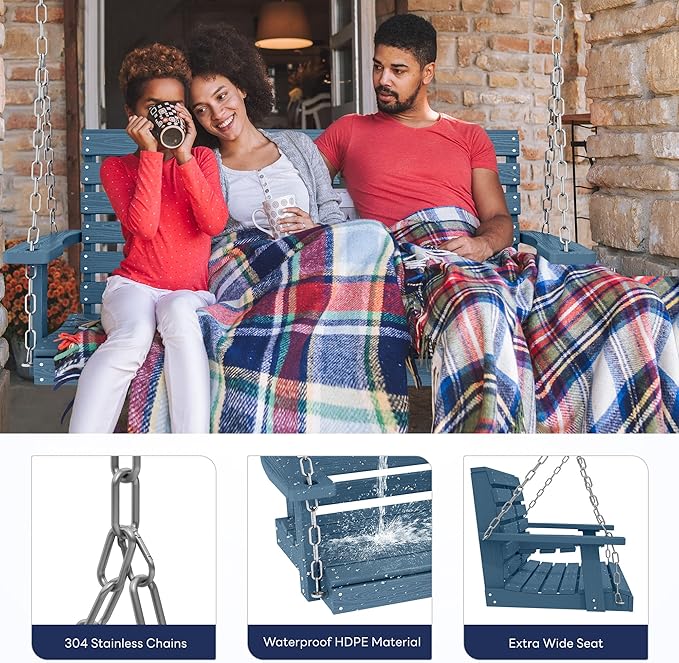 KINGYES Outdoor Hanging Porch Swing Set of 4, 2 Seat Patio Chair With Cup Holders - Photo 4