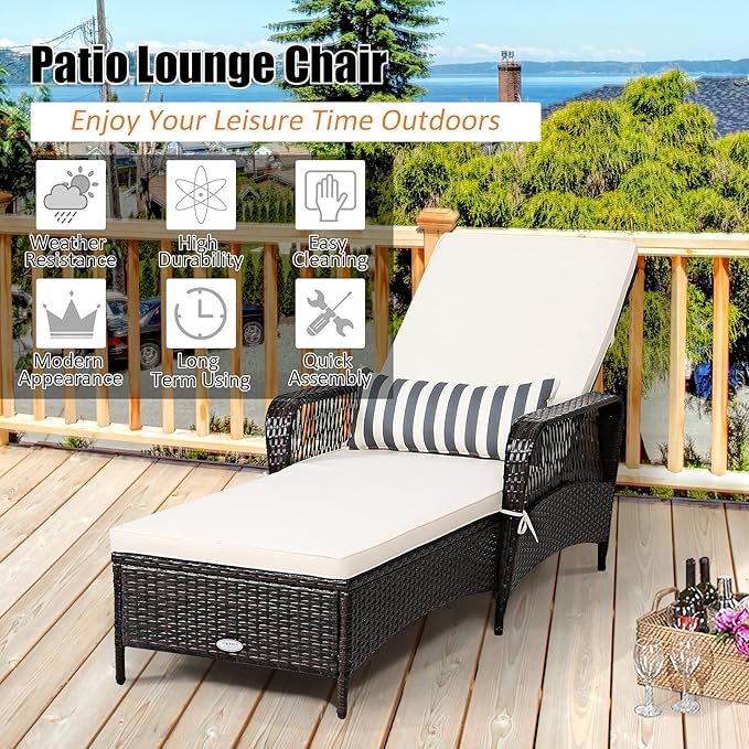 COSTWAY 2 PCS PE Rattan Chaise Lounge Chair Armrest Recliner Adjustable Pillow