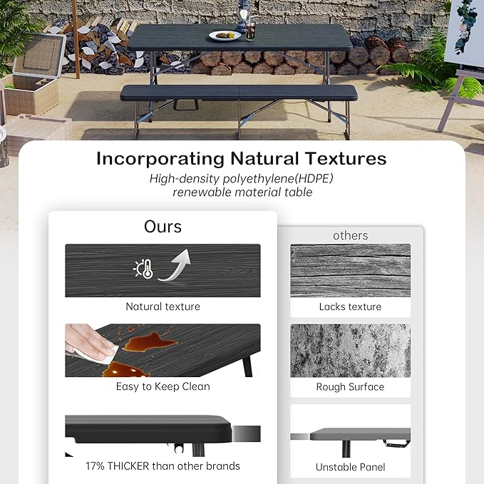 6 Foot Folding Bench, Portable Plastic Folding Bench Seat, Foldable Seat for Indoor Outdoor Picnic Camping Dining, Soccer Garden Multipurpose Entertaining Activities, Black, 2 Pack
