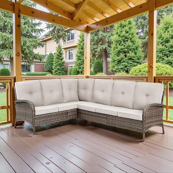 Belord 6-Seater Outdoor Sectional Sofa L Shaped Couch Patio Conversation Furniture Set, PE Wicker Patio Sectional Sofa with Removable Beige Cushion for Deck Sunroom Backyard