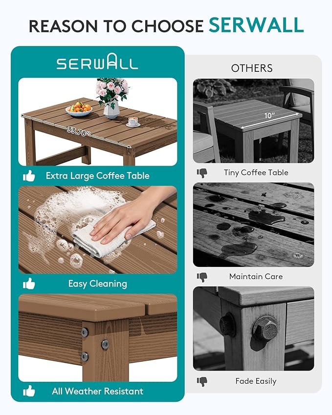 SERWALL Outdoor Coffee Table with 1.69" Umbrella Hole, HDPE Patio Coffee Table for Outside, Rectangle, Brown - Photo 5