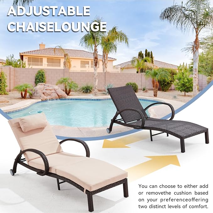 Pool Outdoor Lounge Chairs Set of 2,Outdoor Chaise Lounge w/ 5 Adjustable Back,Wicker Patio Pool Lounge Chair with Wheels for Poolside Deck Lawn,Khaki