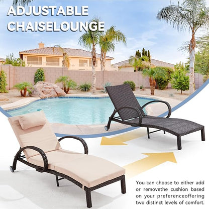 Pool Outdoor Lounge Chairs Set of 2,Outdoor Chaise Lounge w/ 5 Adjustable Back,Wicker Patio Pool Lounge Chair with Wheels for Poolside Deck Lawn,Khaki