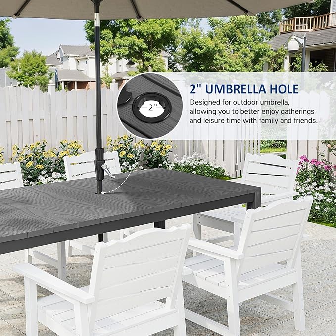 Outdoor Dining Table, Weatherproof 63" Rectangle HIPS Patio Dining Table for 6, with 2" Umbrella Hole, Outdoor Table for Backyard Deck Poolside, Gray