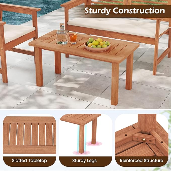 RELAX4LIFE Wood Outdoor Coffee Table - 35.5’’ Rectangular Small Patio Table with Slatted Tabletop, Indoor Outdoor Wooden Furniture for Outside Deck Poolside Backyard Garden Porch (Natural)
