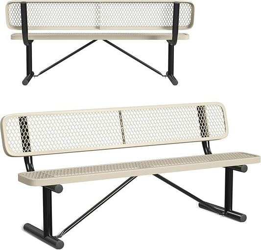 Leisure Craft Metal Outdoor Bench with Back - 6 Foot Heavy Duty Bench Seating for Garden, Porch, Picnic, Park, Expanded Metal, Thermoplastic Coating, Commercial Grade Furniture Made in USA - Beige