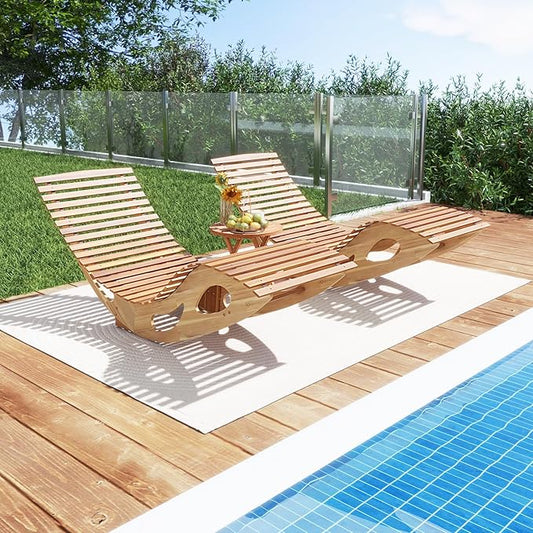 Tangkula Outdoor Chaise Lounge Chair Set of 2, Acacia Wood Rocking Sun Lounger with Slatted Backrest and Seat, Wooden Rocker Lounge Chair for Patio, Garden and Poolside