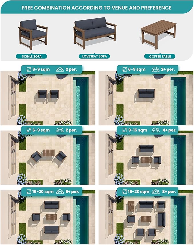 SERWALL HDPE Outdoor Loveseat with Cushions, All Weather Use Outdoor Loveseat Sofa, Brown Frame/Grey Cushion - Photo 5