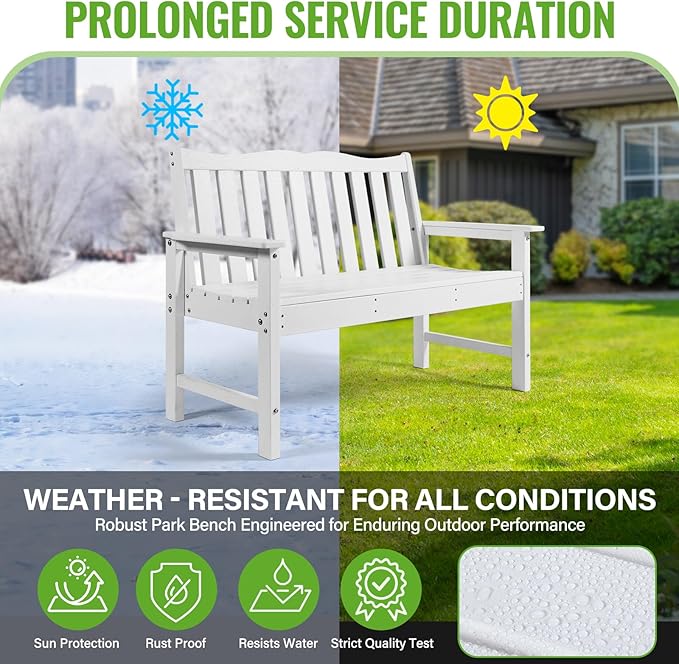 Backyard Expressions Poly Patio Bench (800 Lb Capacity) – Weatherproof Outdoor Bench, Low Maintenance, Heavy-Duty Recycled Material – Ideal for Porch, Patio & Park (White Woodgrain Look)