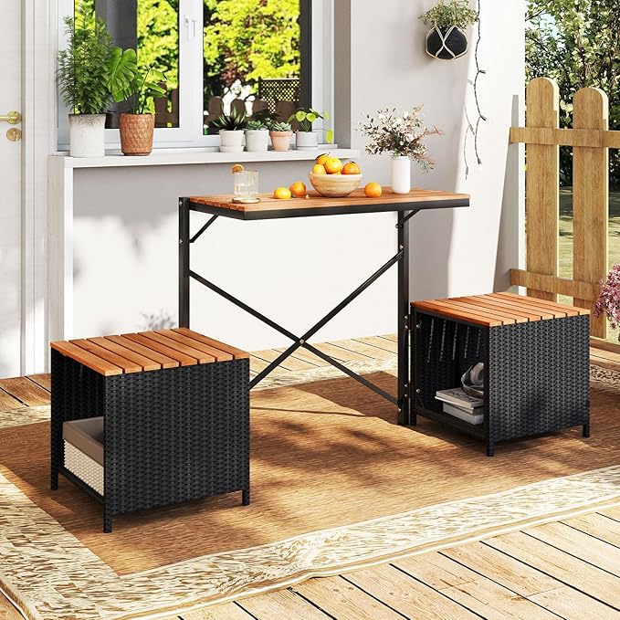 Tangkula 2-in-1 Outdoor Convertible Bench, Transforming Interchangeable Picnic Table Garden Loveseat with Metal Frame, PE Rattan Acacia Wood Foldable Table and Chairs Set for Porch, Backyard & Deck
