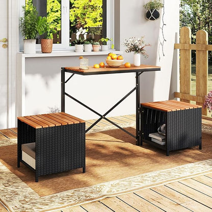 Tangkula 2-in-1 Outdoor Convertible Bench, Transforming Interchangeable Picnic Table Garden Loveseat with Metal Frame, PE Rattan Acacia Wood Foldable Table and Chairs Set for Porch, Backyard & Deck