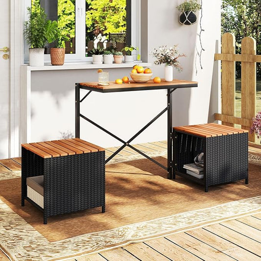Tangkula 2-in-1 Outdoor Convertible Bench, Transforming Interchangeable Picnic Table Garden Loveseat with Metal Frame, PE Rattan Acacia Wood Foldable Table and Chairs Set for Porch, Backyard & Deck
