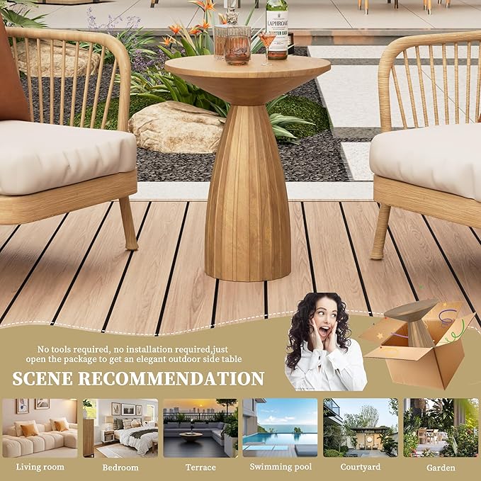 Metal Small Patio Table, Round Outdoor Side Table, Wood Color Outdoor Accent End Table, Patio Furniture, for Garden, Pool, Yard, Balcony, Living Room, Deck, Weather Resistant, No Assembly