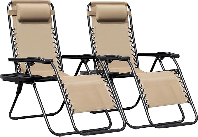Greesum Zero Gravity Chairs Set of 2 Adjustable Steel Mesh Recliners Beach Deck Lawn Camping Patio Foldable Lounge Chair with Cup Holder Trays and Pillows,Cream-Coloured
