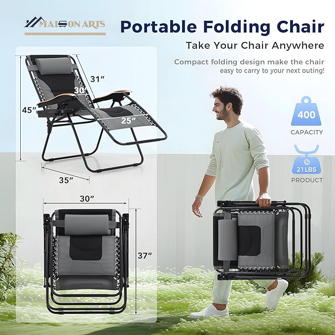 MAISON ARTS Oversized XXL Padded Zero Gravity Chair, 30" Wide Seat Foldable Patio Recliner, Anti Gravity Outdoor Lawn Chair with Cup Holder & Pillow, Supports 400lbs, Grey