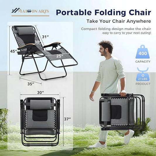 MAISON ARTS Oversized XXL Padded Zero Gravity Chair Set of 2, 30" Wide Seat Foldable Patio Recliner, Anti Gravity Outdoor Lawn Chair with Cup Holder & Pillow, Supports 400lbs, Grey
