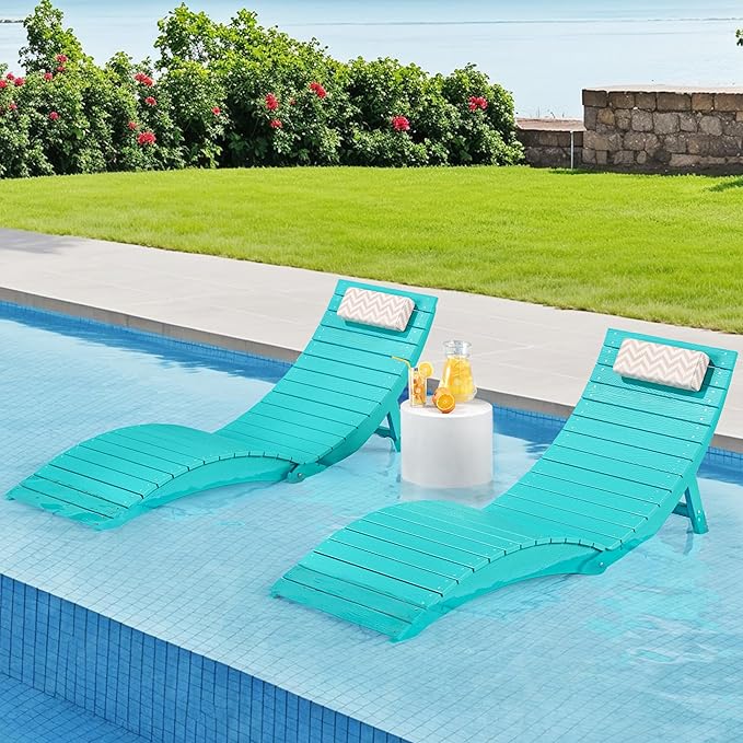 Folding Pool Lounge Chairs Set of 4, Pre-Assembled HDPS Anti-Floating Lounge Chair with Headrest for in-Pool Use(Max Depth 8-Inches), Ideal for Hotel, Poolside, Beach & Sun Decks, Aruba Blue