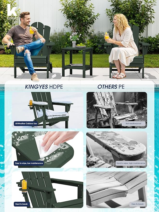 KINGYES Adjustable Folding Adirondack Chair Set of 2, 3-Position Reclining Adirondack Chairs with Cup Holder, HDPE All-Weather Oversized Adirondack for Outdoor, Patio, Backyard Deck, Fire Pit, Green