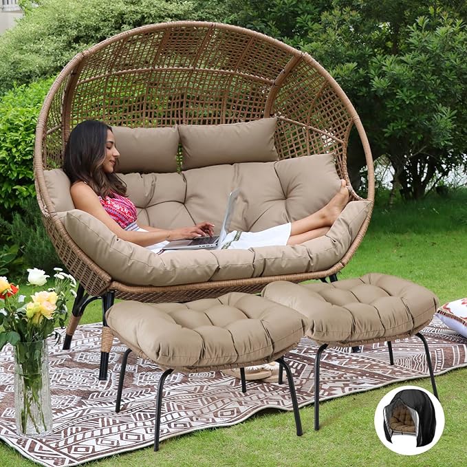 NICESOUL Indoor Outdoor Double Egg Chair with Footstools & 6.5" Thick Cushions - Photo 1