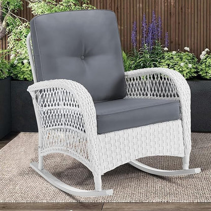 MEETWARM Outdoor Wicker Rocking Chair, Rattan Patio Rocker Chairs with Cushions and High Back, All-Weather Patio Wicker Chair with Safe Rocking Design for Garden Backyard Porch, White/Grey