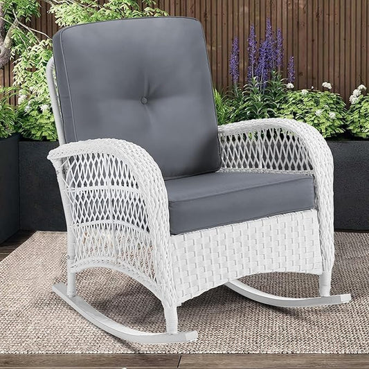 MEETWARM Outdoor Wicker Rocking Chair, Rattan Patio Rocker Chairs with Cushions and High Back, All-Weather Patio Wicker Chair with Safe Rocking Design for Garden Backyard Porch, White/Grey