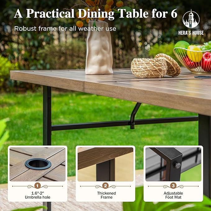 HERA'S HOUSE 64" Patio Table for 6, Wood-Like Metal Steel Slat Rectangle Outdoor Dining Table with Umbrella Hole for Lawn Garden Backyard