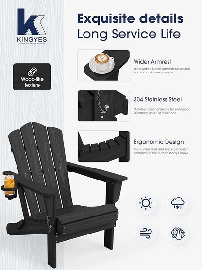 KINGYES Folding Adirondack Chair Set of 4, HDPE All-Weather Patio Chairs with Cup Holder, Wooden Textured Fire Pit Chairs for Poolside, Backyard, Deck, Black