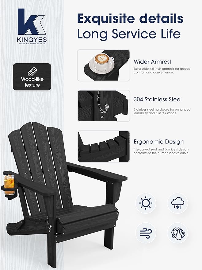 KINGYES Folding Adirondack Chair Set of 4, HDPE All-Weather Patio Chairs with Cup Holder - Photo 3