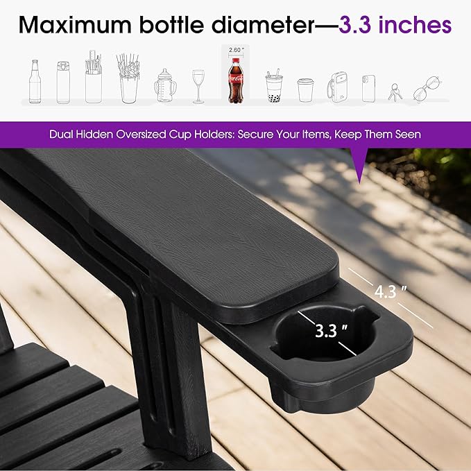 PURPLE LEAF Adirondack Chair Set of 2 HDPE All-Weather Outdoor Fire Pit Chair with 24.6" Oversized Seat Wood-Textured Patio Adirondack Chair with Dual Cup Holders for Garden Deck Backyard, Black