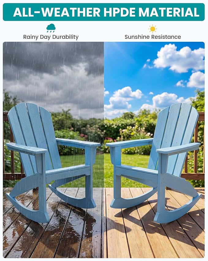 SERWALL Outdoor Adirondack Rocking Chairs Set of 4, All-Weather HDPE Adirondack Rocker Chair, Front Porch Rocker Chairs for Patio Lawn Porch Deck, Light Blue