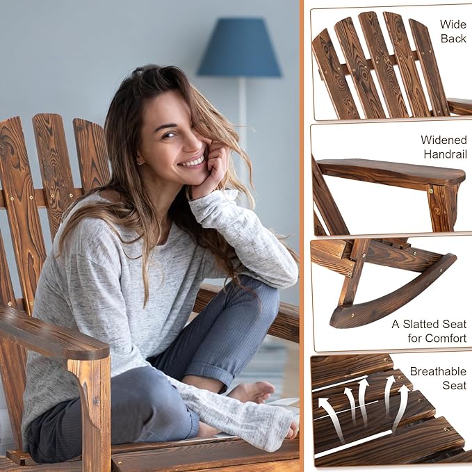 Adirondack Rocking Chairs Set of 2 - Outdoor Wood Rocking Chair, Patio Rocker Rocking Chair High Backrest for Porch, Balcony, Backyard, Poolside
