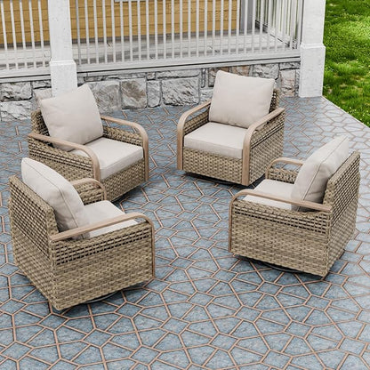 Modern Wicker Outdoor Swivel Rocking Chairs, Rattan Glider Rocker Chairs Patio Armchairs for Backyard, Deck, Porch, Garden, 4 Pieces, Brown/Gray