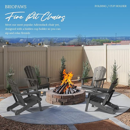 BRIOPAWS Folding-Adirondack-Chairs Set of 4 | HDPE Plastic | Fire Pit Chair | Cup Holder | Curved Back | All Weather | for Outdoor Backyard Deck Patio | Grey