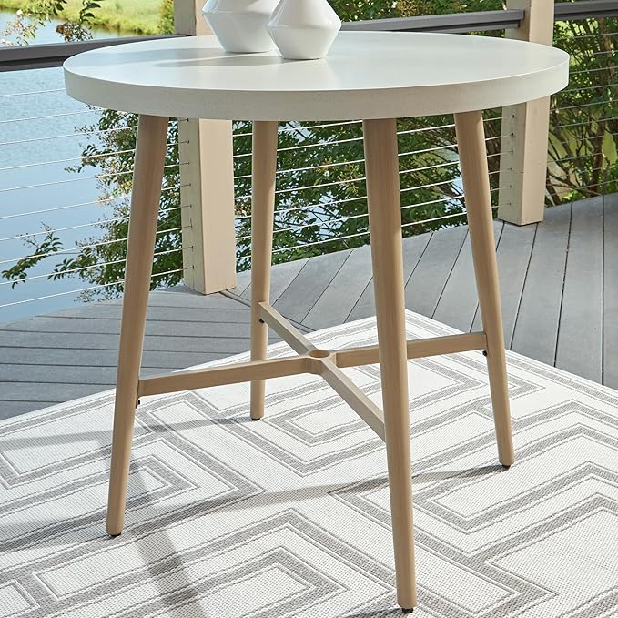 Signature Design by Ashley Seton Creek Casual Outdoor Bar Table with Umbrella Hole, Beige & White - Photo 2