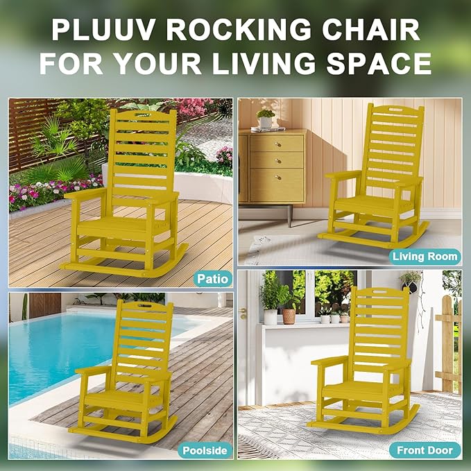 PLUUV Outdoor Rocking Chair with Removable Footboard for Adults, HDPE High Back Patio Rocking Chairs, 330lbs All Weather Porch Rocking Chairs for Outdoor & Indoor -Yellow