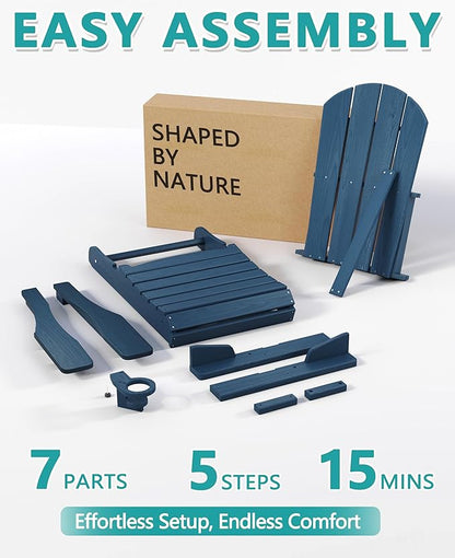 Outdoor Folding Adirondack Chair Set of 4 for Patio Fire Pit, Wooden Textured HDPE Adjustable Chairs with Cup Holder, Waterproof All Weather Resistant Plastic for Pool Lawn Garden Backyard(NavyBlue)